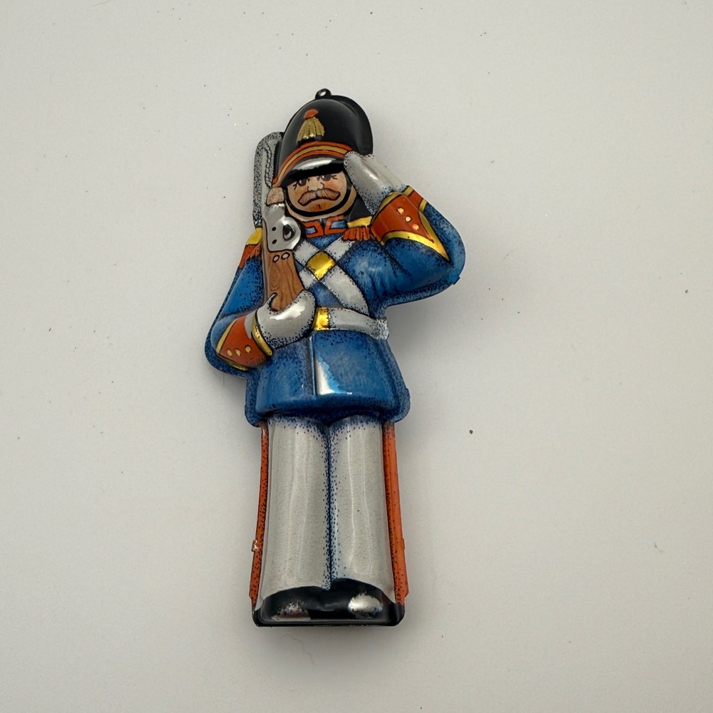 Vintage 1982 Hallmark Toy Soldier Tin Litho Christmas Ornament Blue Uniform